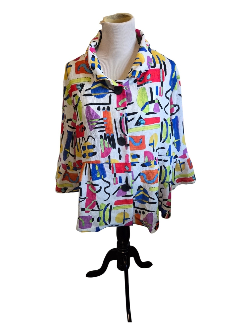 Damee White Abstract-Print Button Front Tunic Colorful Pop Art Top.